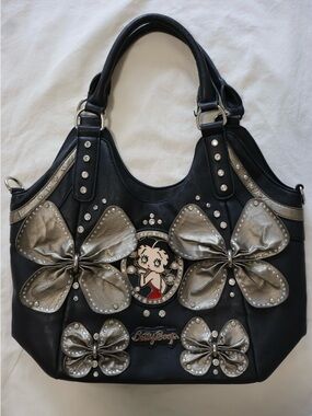 Betty Boop Black Vintage Handbag with Silver Bow Accents